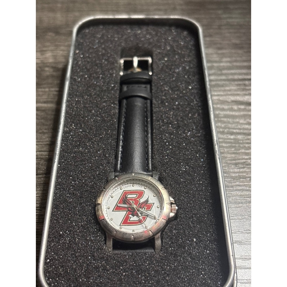 GameTime Boston College Eagles Wristwatch Black Genuine Leather Band Silver Tone - Picture 2 of 2